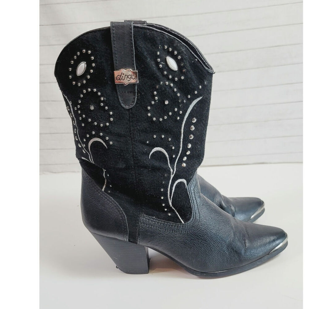 Dingo Ava Studded Western Heeled Boots in Black Suede, sz 10